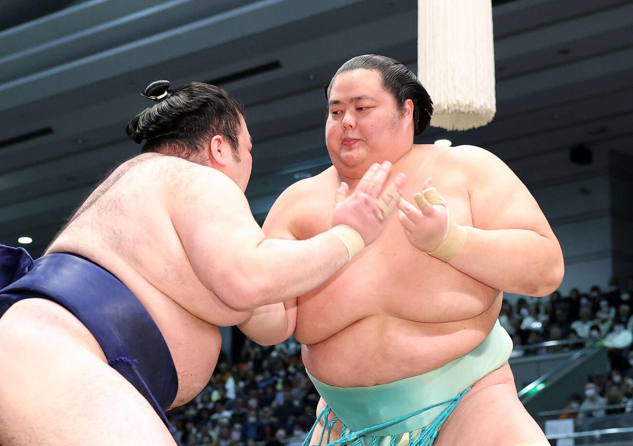 豪ノ山（左）を攻める琴桜（撮影・鈴木正人）　