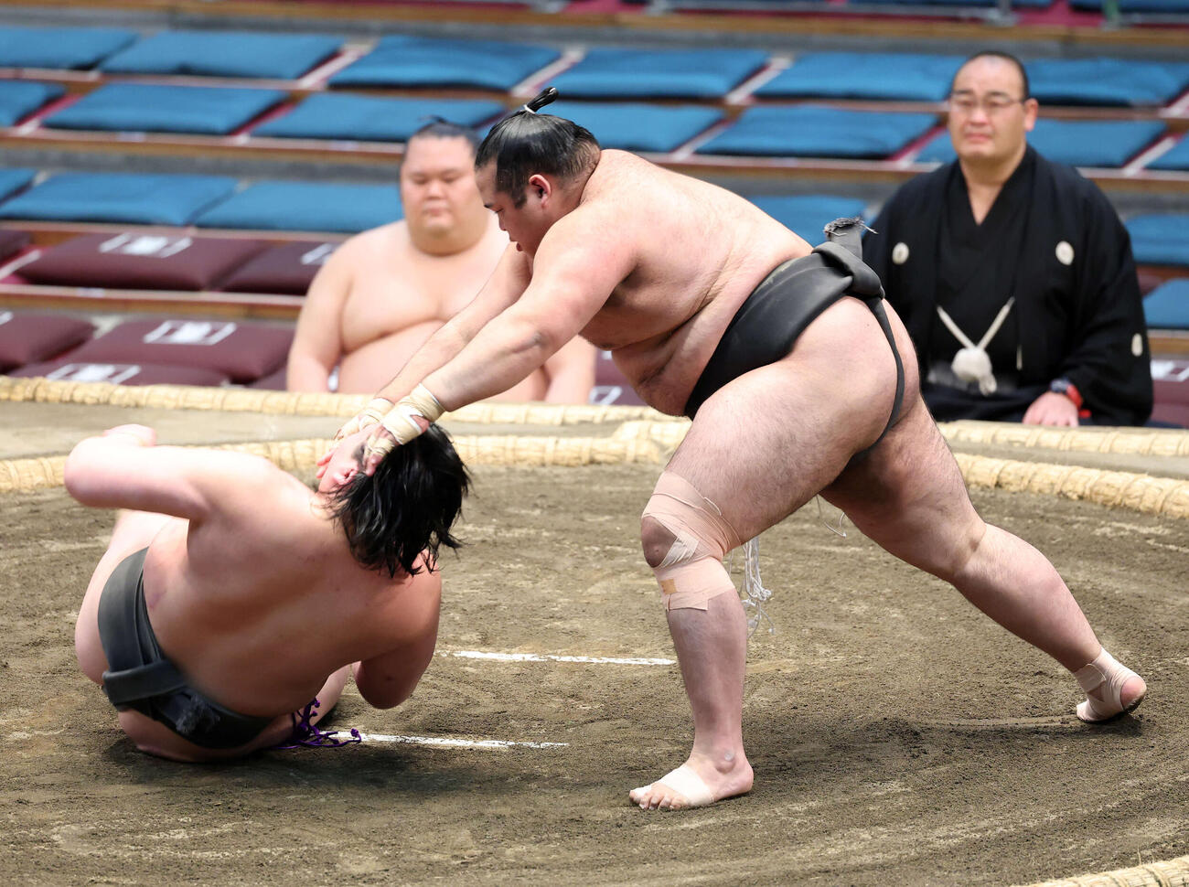 龍葉山（左）を突き落としで破る生田目（撮影・鈴木正人）　