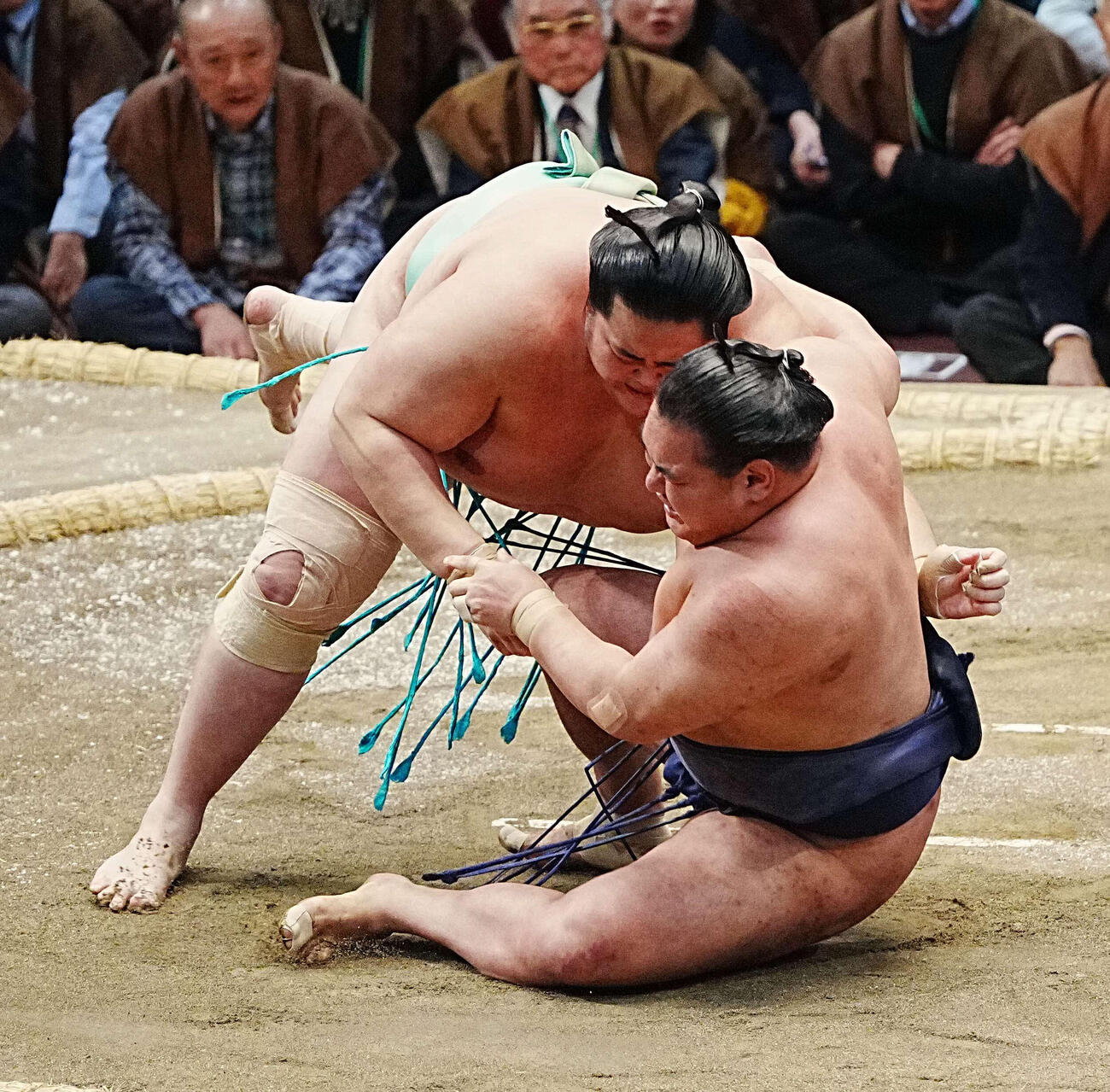 豊昇龍（右）は外掛けで琴桜に敗れる（撮影・小沢裕）