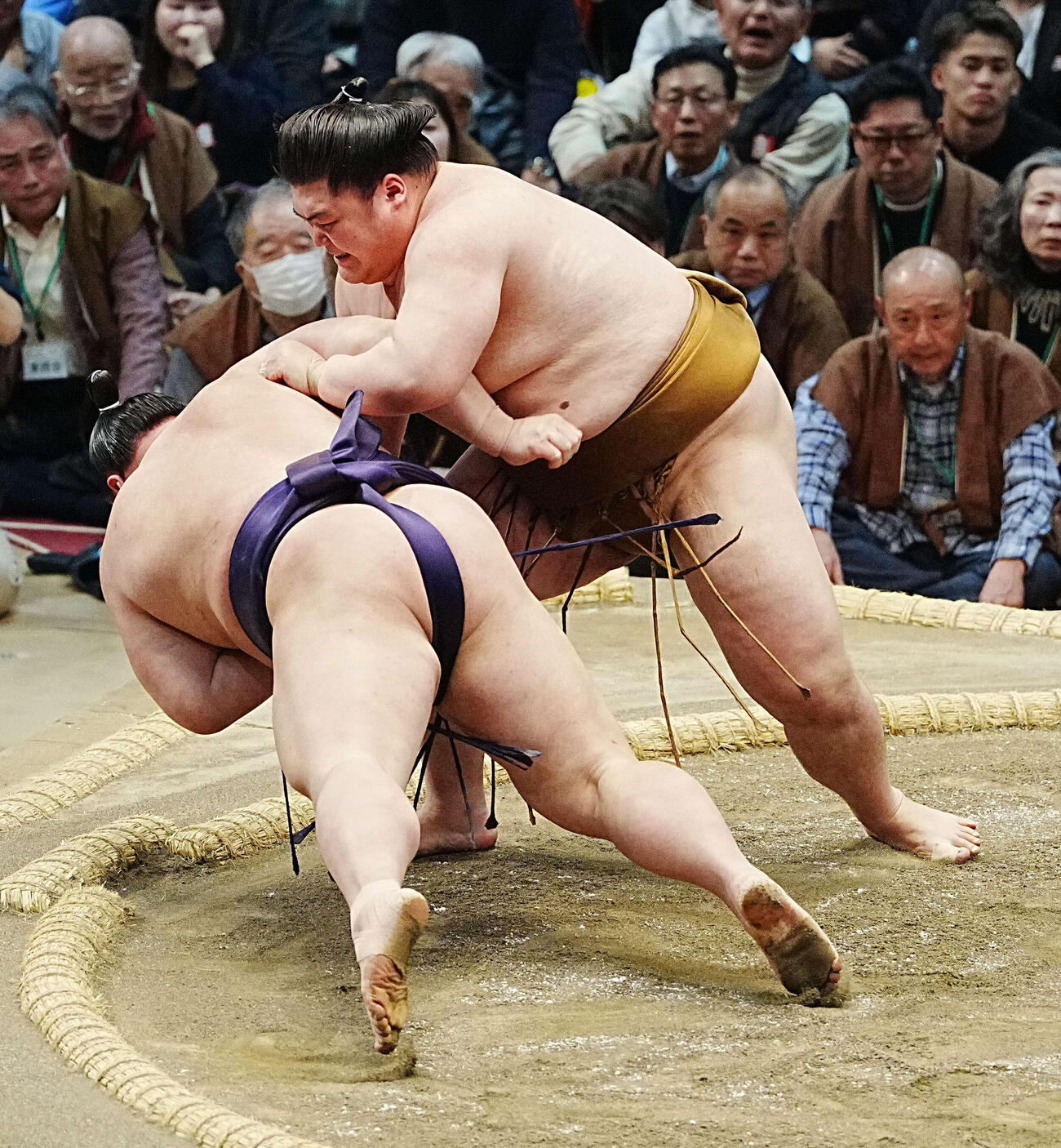 王鵬（右）は義ノ富士を突き落としで破る（撮影・小沢裕）