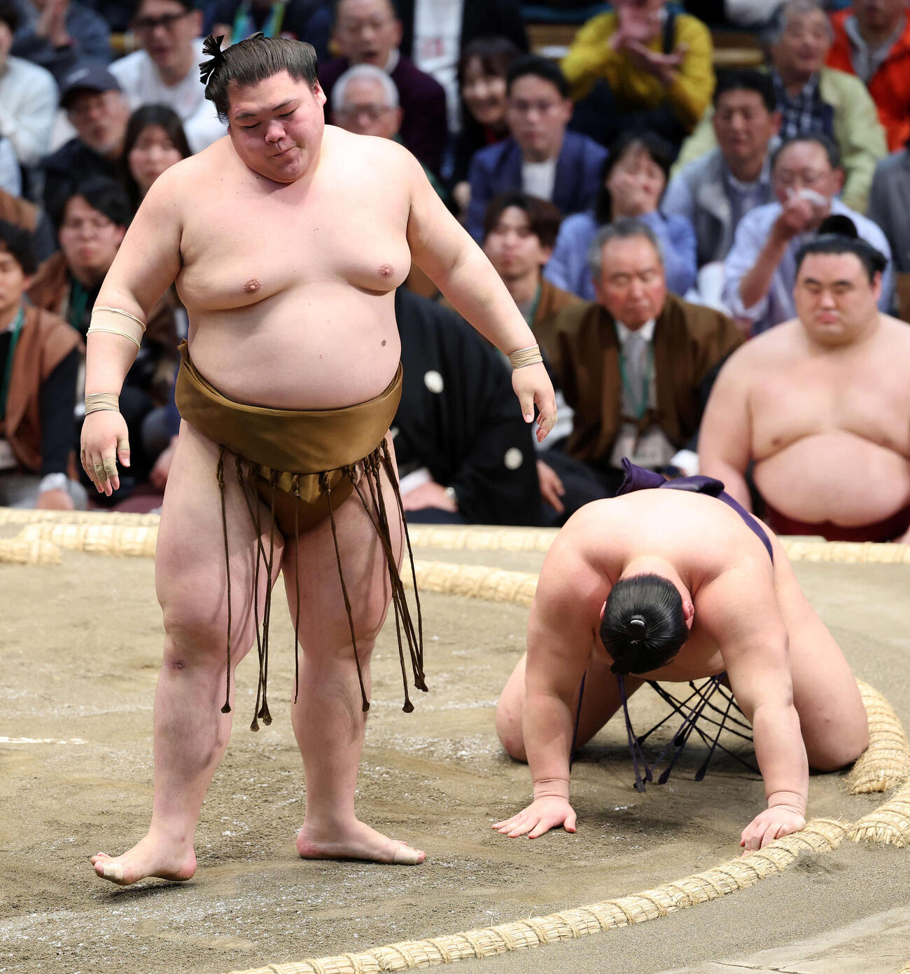 義ノ富士（右）を突き落としで破った王鵬（撮影・鈴木正人）　
