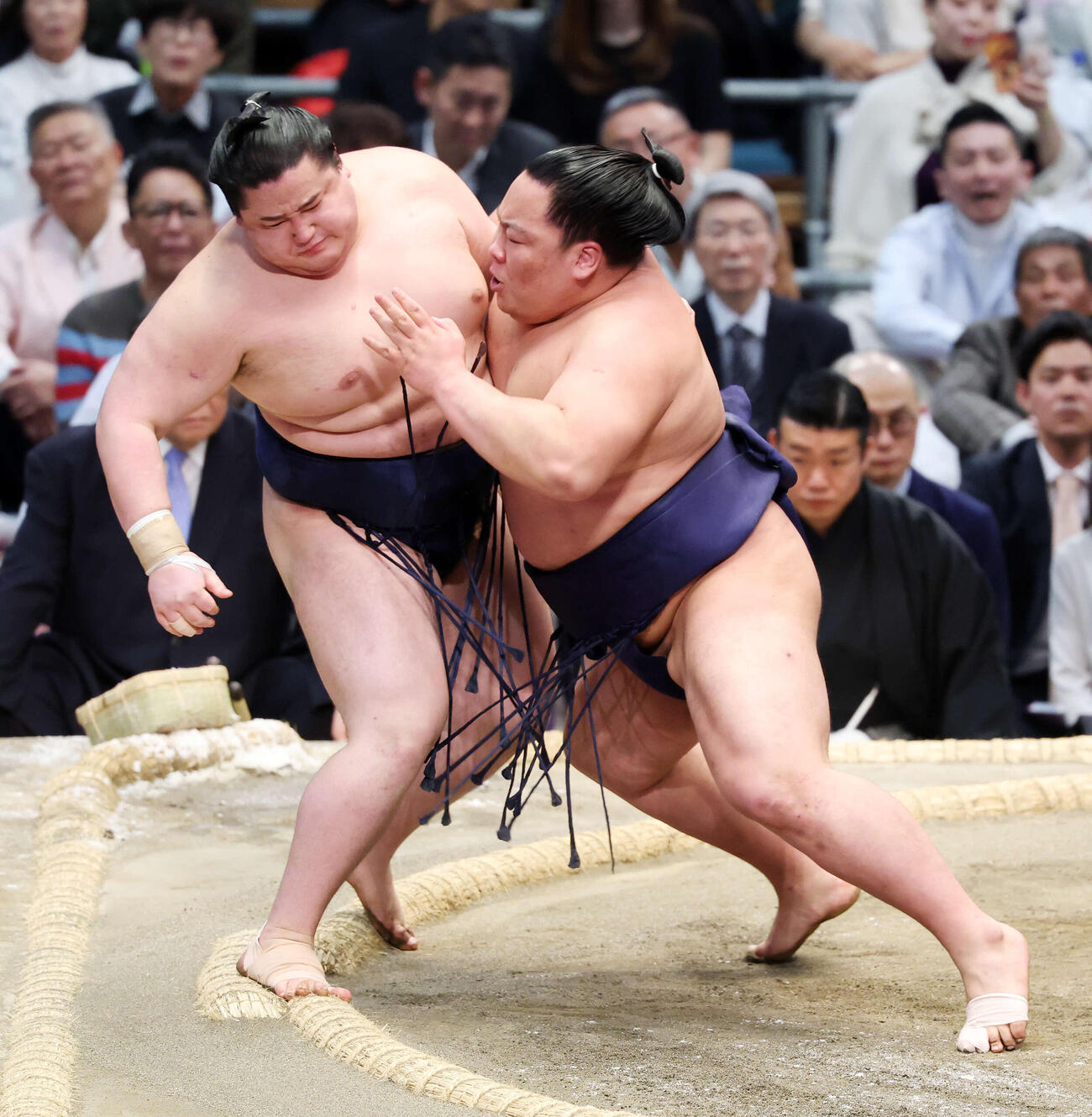 十両優勝決定戦で若ノ勝（左）を寄り切りで破る出羽ノ龍（撮影・鈴木正人）　