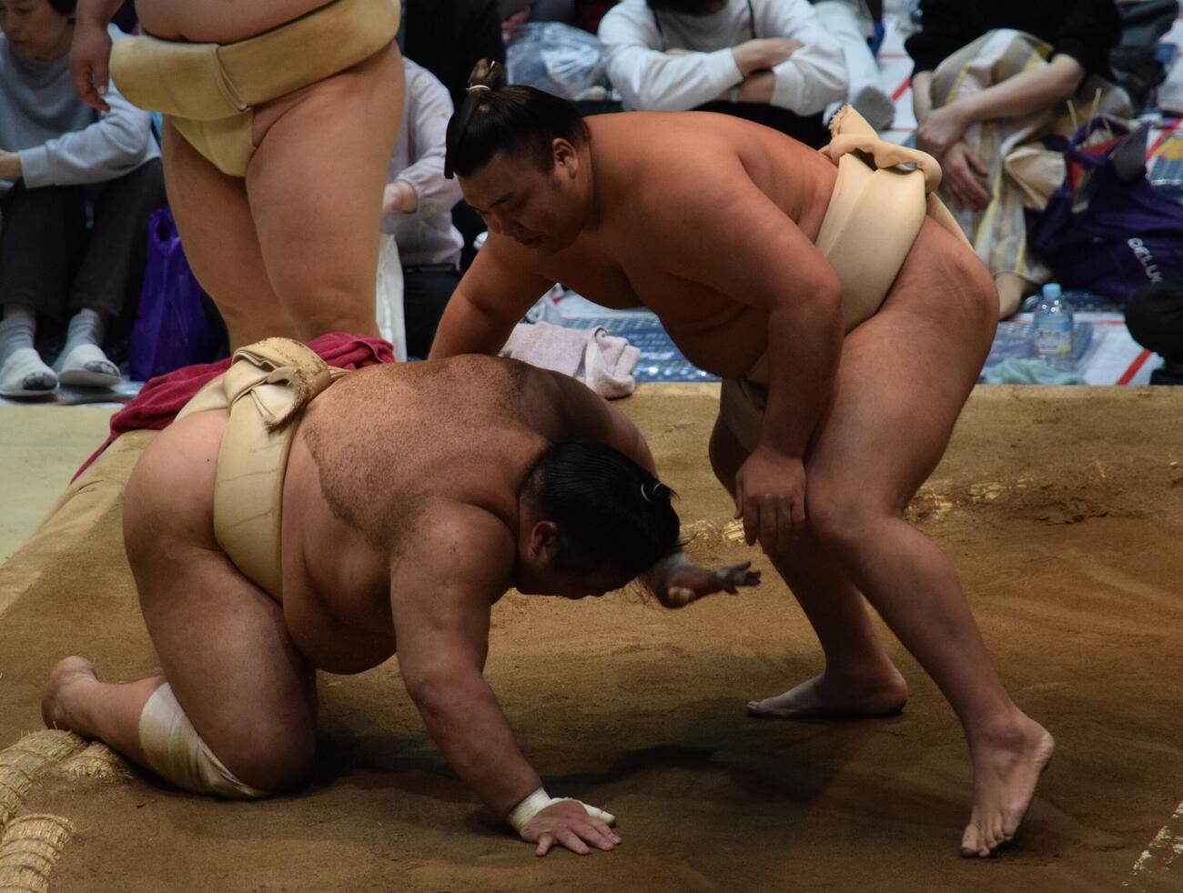 大関霧島（右）とぶつかり稽古をする藤凌駕（撮影・山田遼太郎）