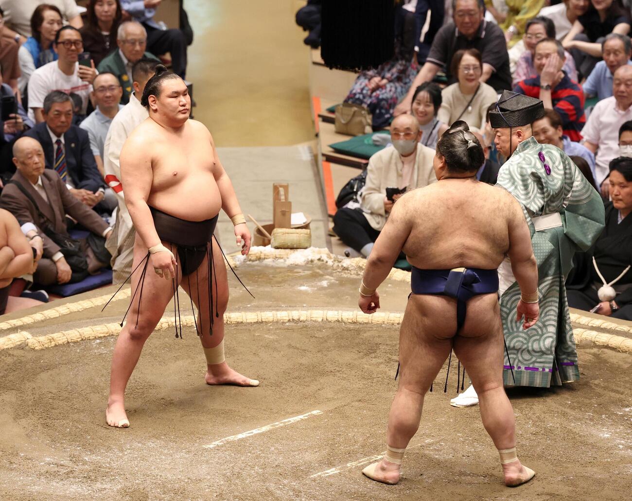 立会前ににらみあう豊昇龍（左）と高安＝2026年5月10日　