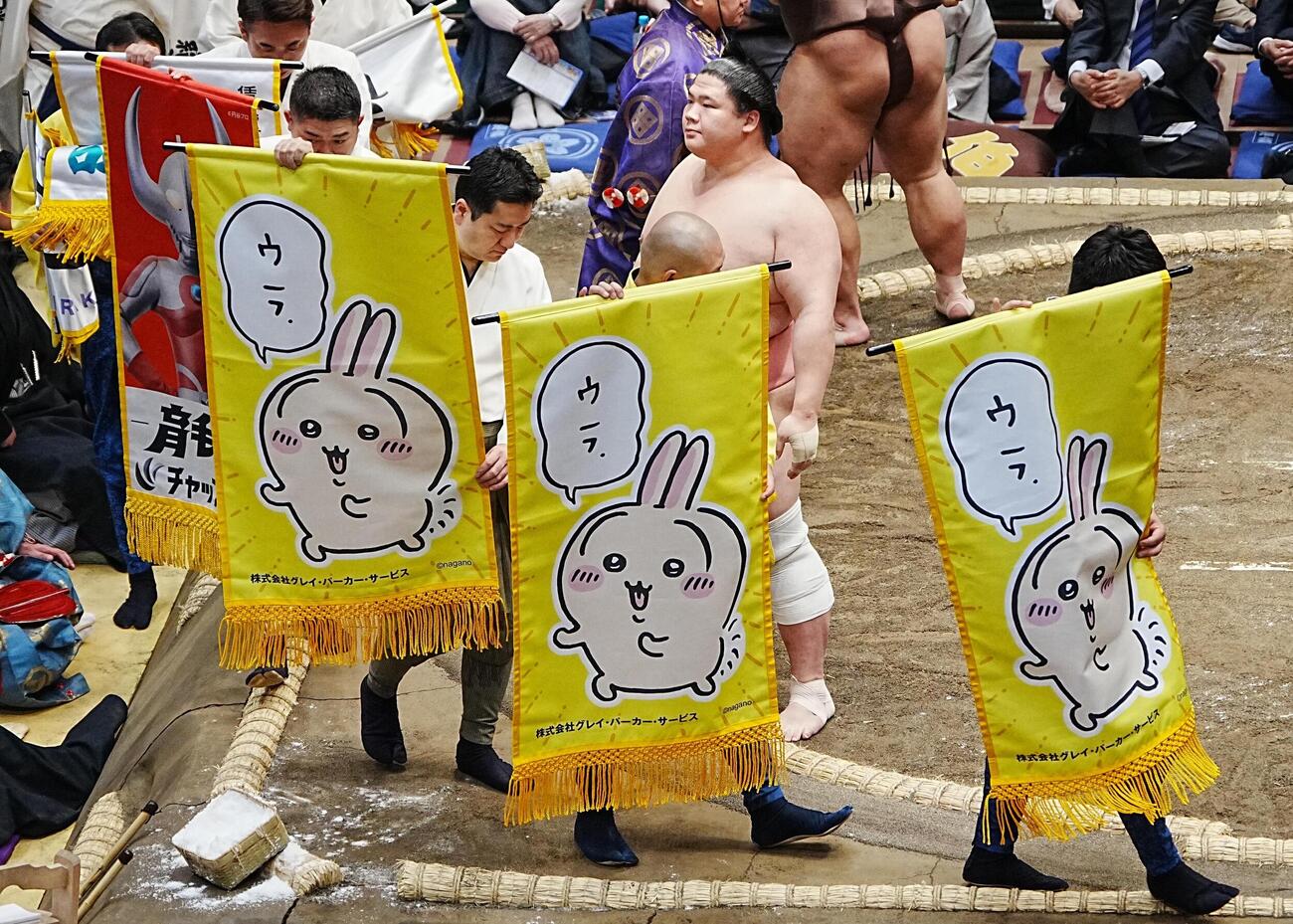 大相撲夏場所初日　宇良と伯乃富士の一番に懸けられた、ちいかわがデザインされた株式会社GPSの懸賞旗　（撮影・小沢裕）