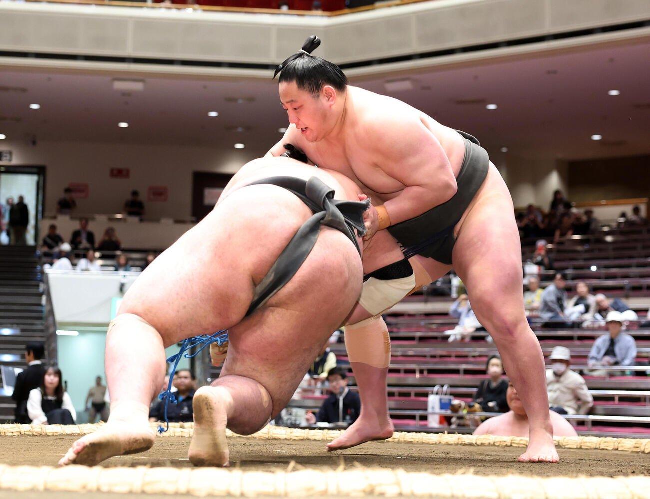 大凜山（左）を引き落としで破る三田（撮影・鈴木正人）