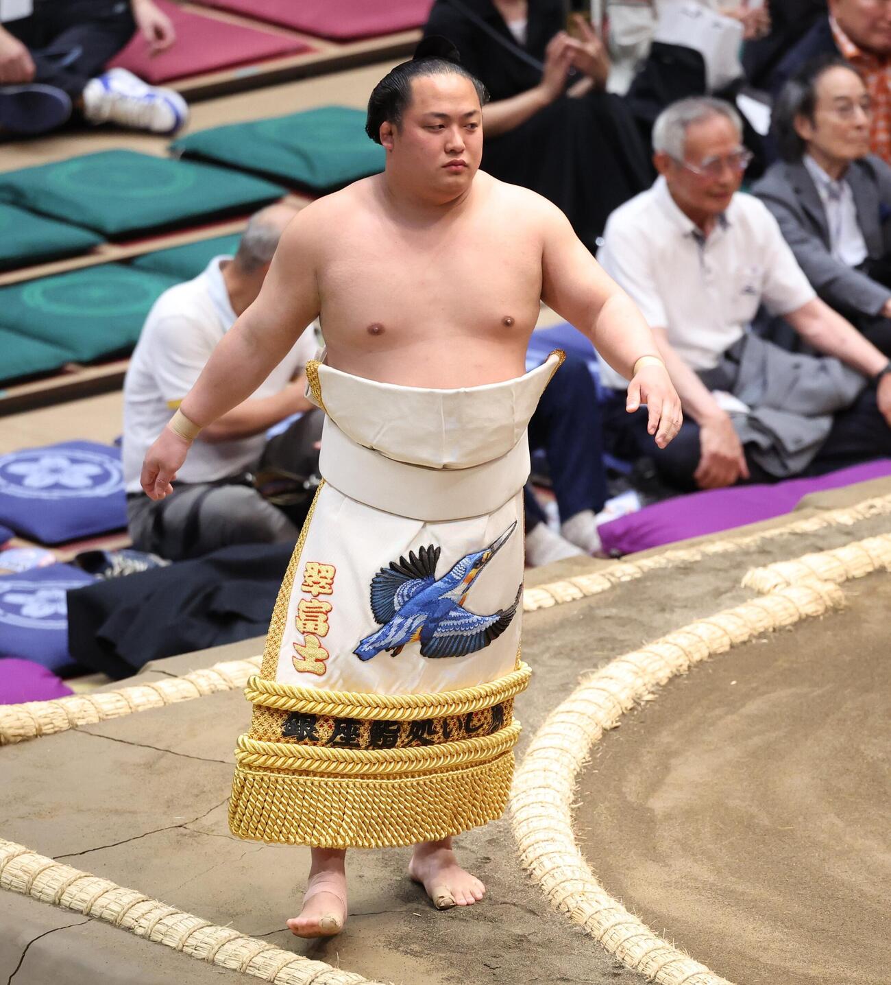 カワセミの化粧まわしで土俵入りする翠富士（撮影・黒川智章）