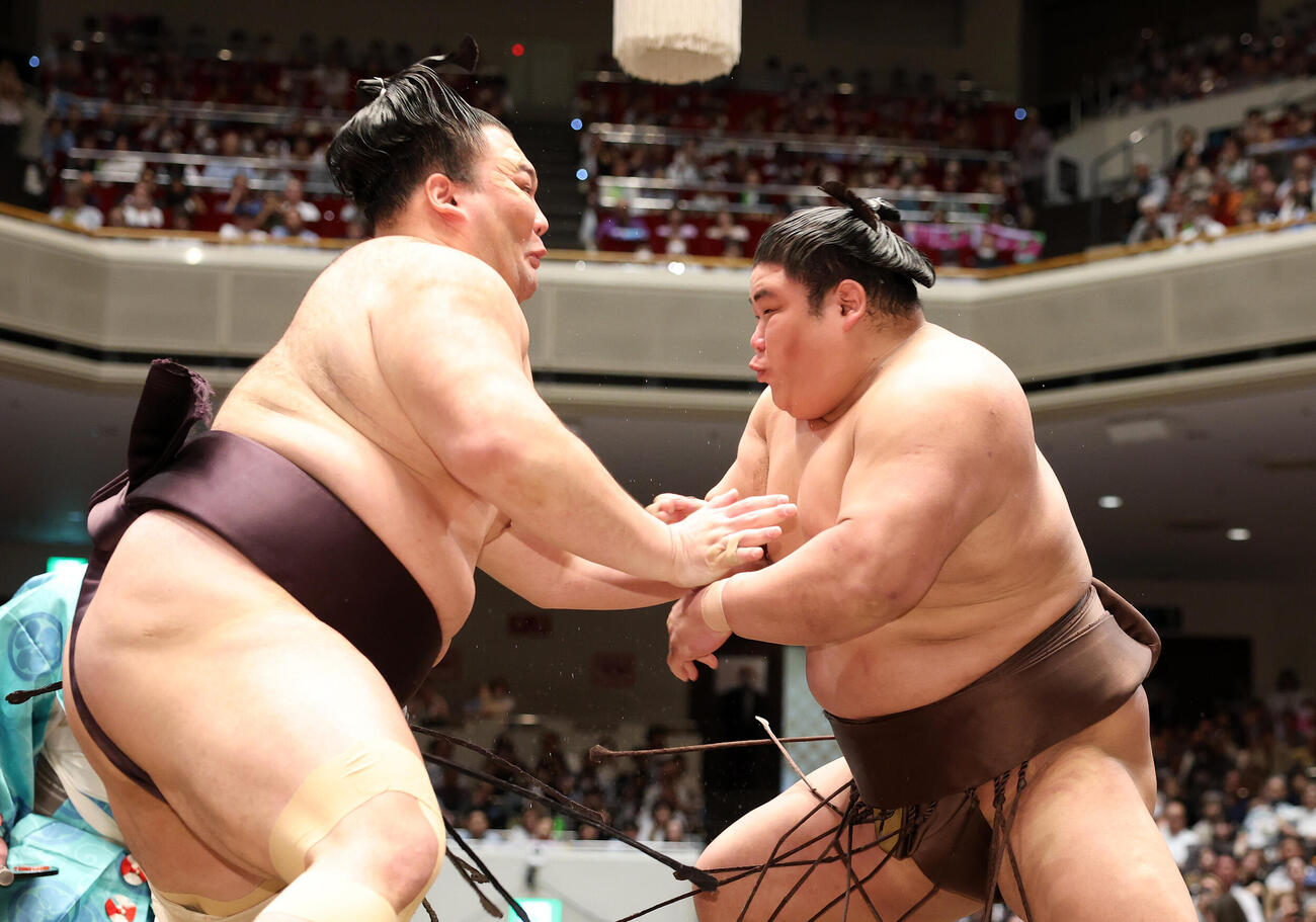 朝乃山（左）を攻める伯乃富士（撮影・鈴木正人）