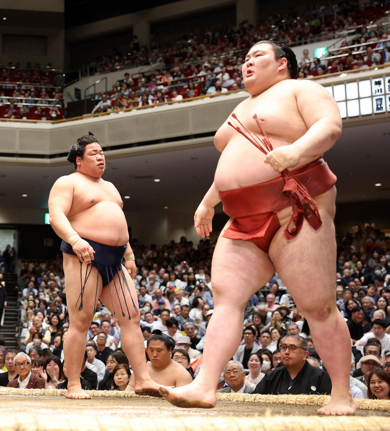 熱海富士（右）を寄り切りで破った平戸海（撮影・鈴木正人）