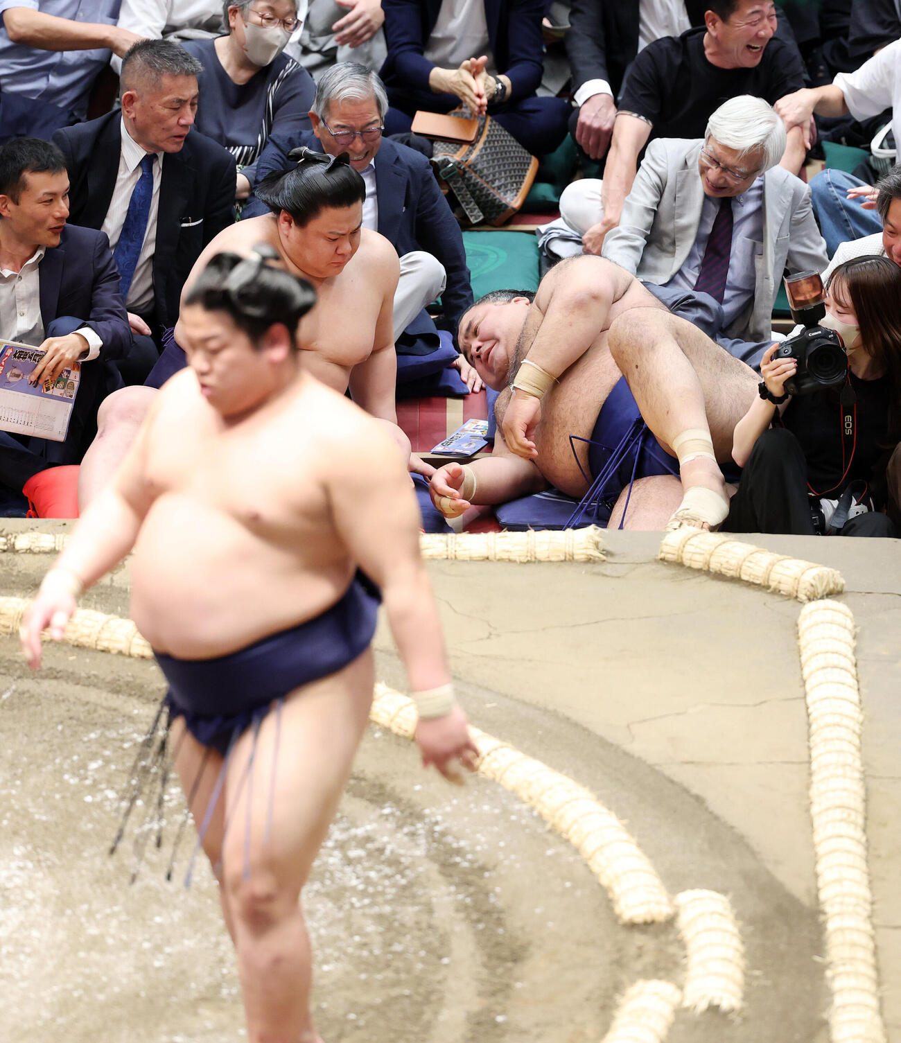 平戸海（手前）に押し出しで敗れた高安（撮影・鈴木正人）