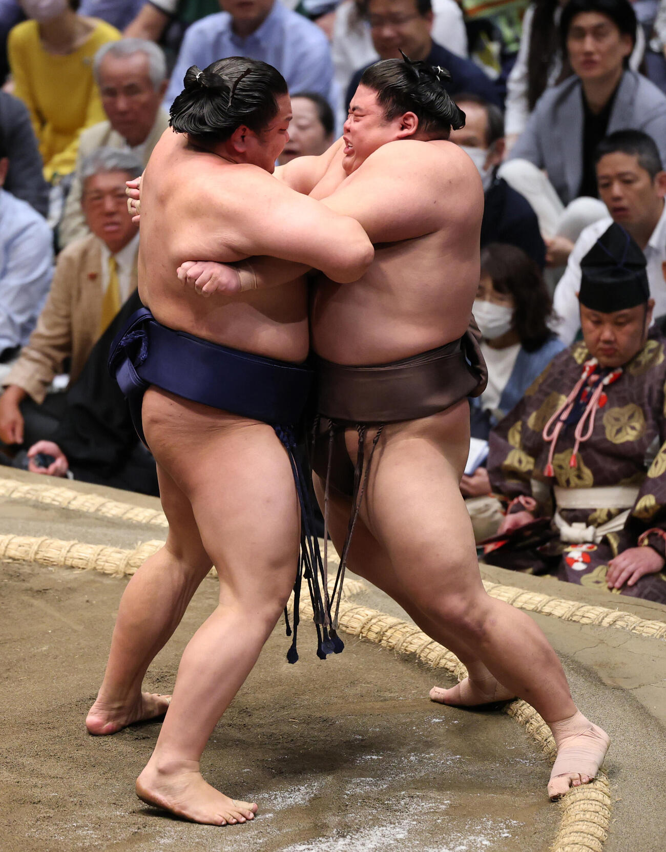 朝白龍（左）の寄りをこらえる伯乃富士（撮影・野上伸悟）