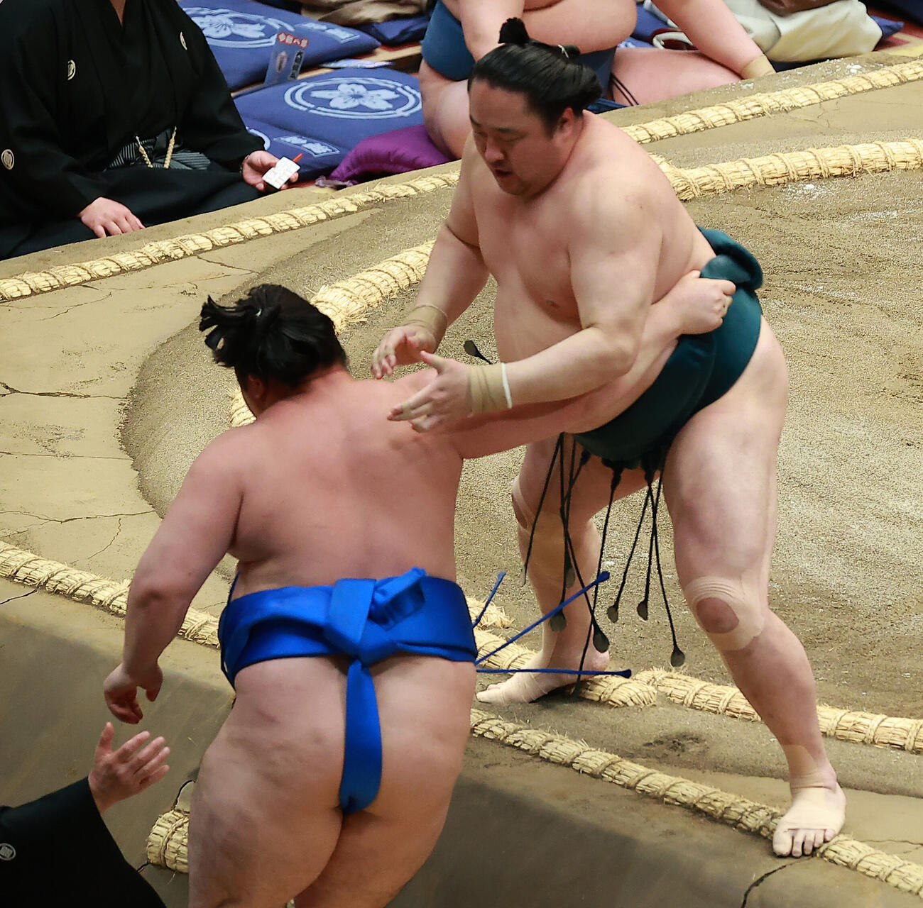 旭海雄（左）を寄り切りで破る佐田の海（撮影・中島郁夫）