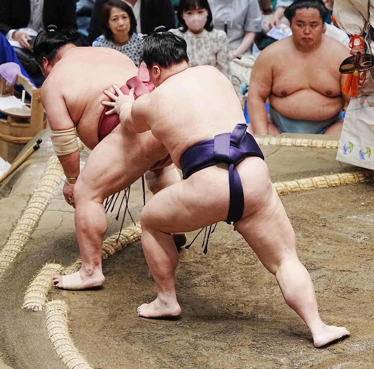 大相撲夏場所5日目　義ノ富士（右）は大栄翔を送り出しで下す（撮影・小沢裕）