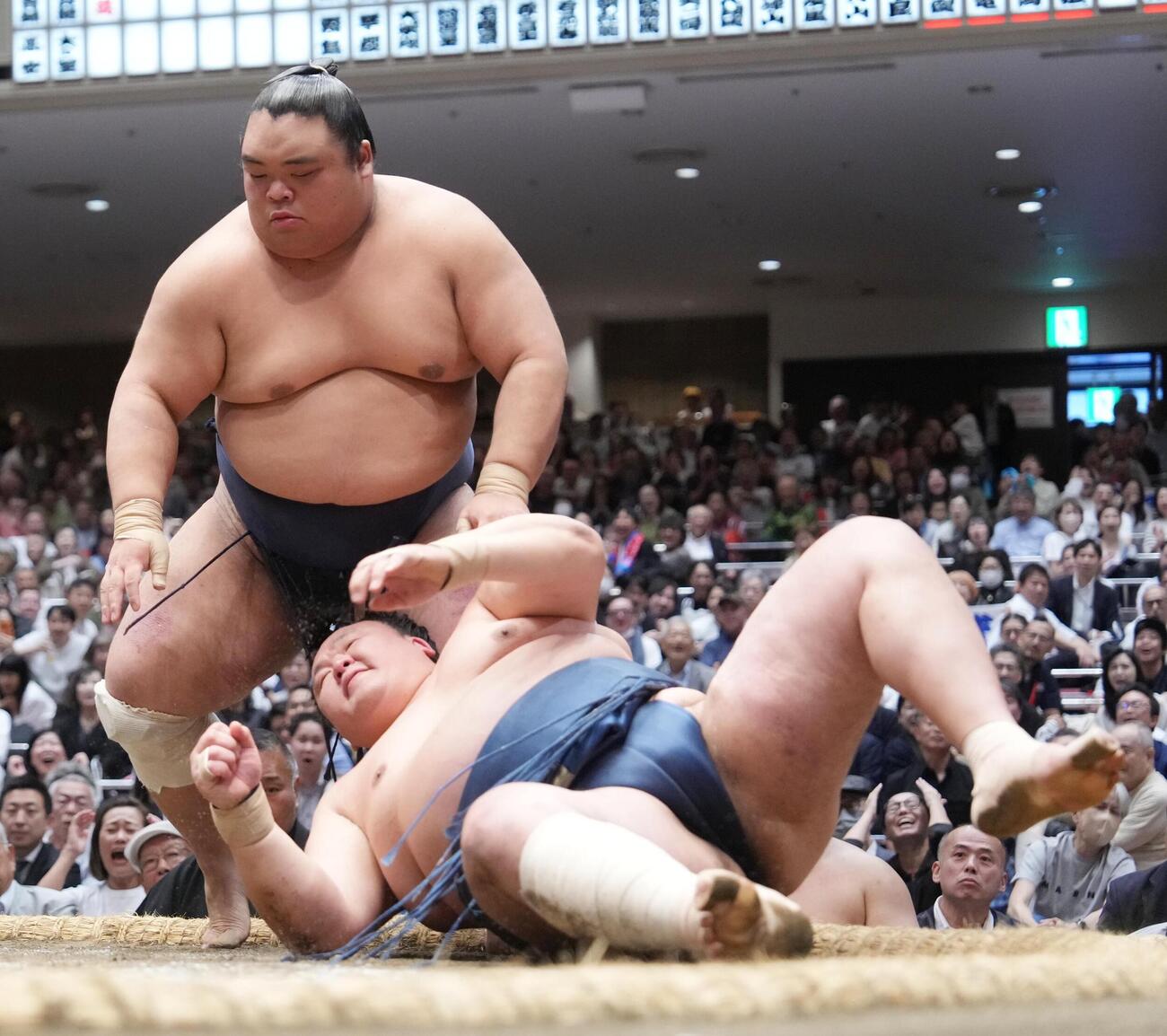 藤凌駕（左）は玉鷲をはたき込みで破る（撮影・小沢裕）　