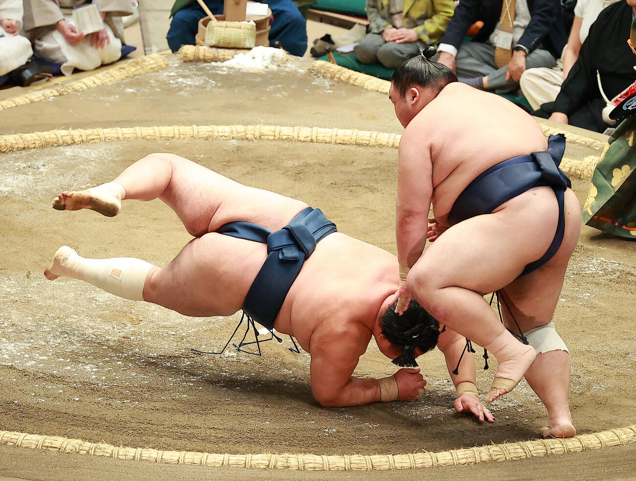 玉鷲（下）をはたき込みで破る藤凌駕（撮影・中島郁夫）