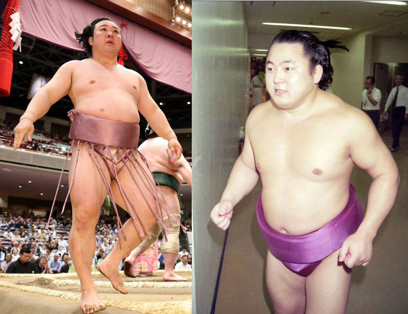 藤色締め込みの炎鵬（左）と現役時代の舞の海氏