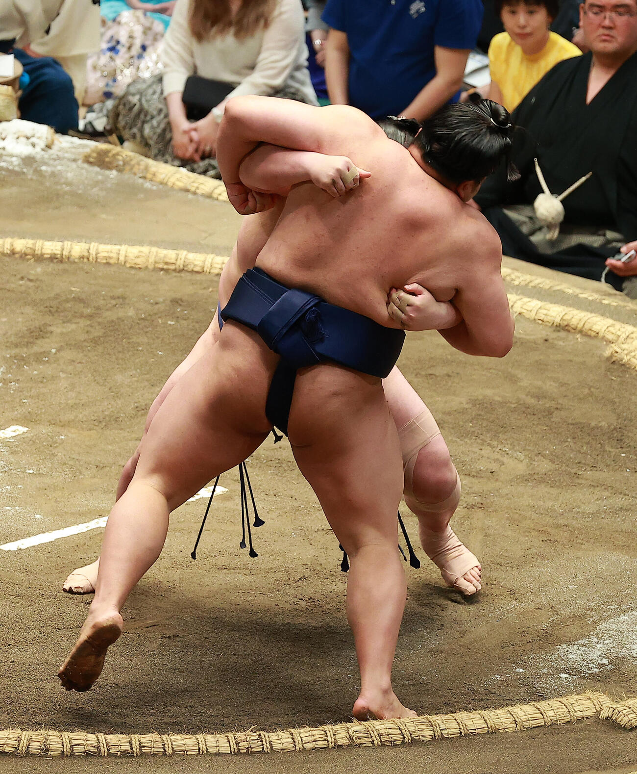 朝白龍（手前）を寄り切りで破る藤青雲（撮影・中島郁夫）