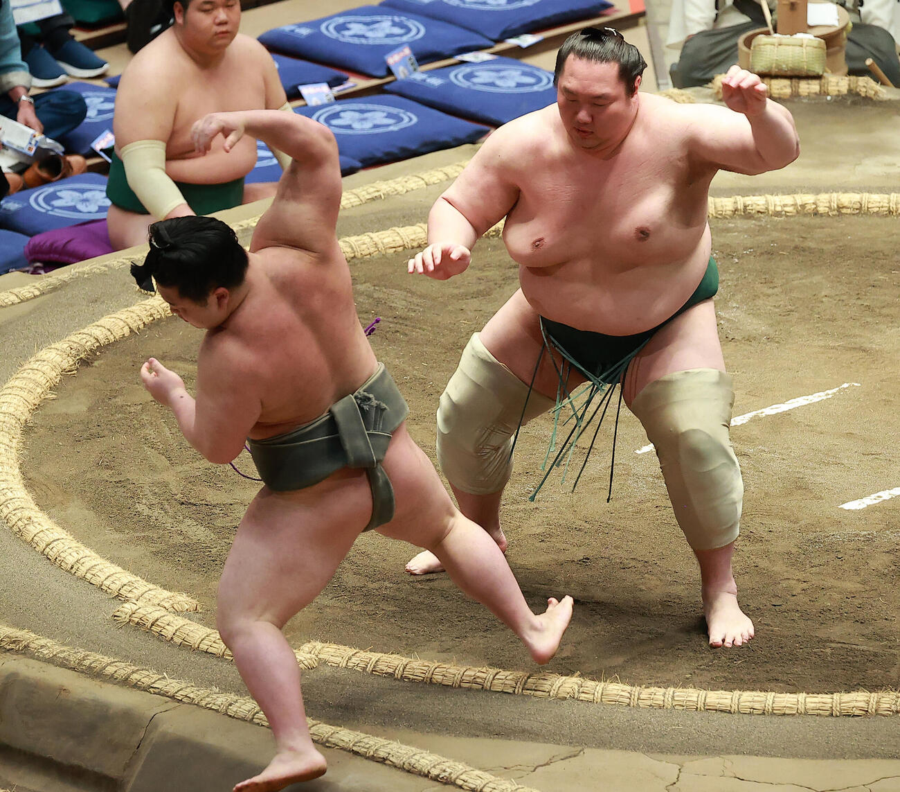 嵐富士（左）を押し出しで破る白鷹山（撮影・中島郁夫）