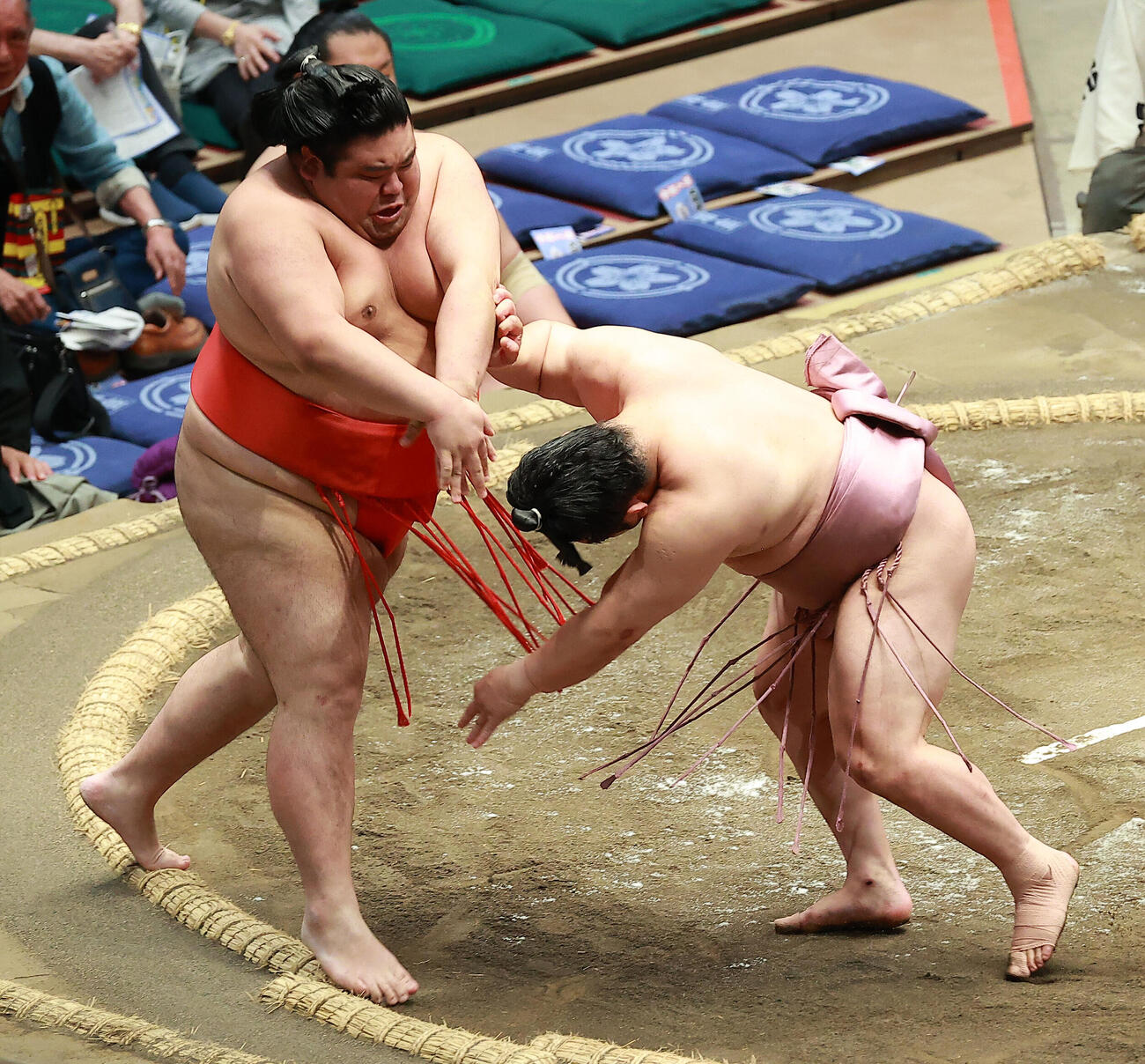 嘉陽（左）を押し出しで破る炎鵬（撮影・中島郁夫）