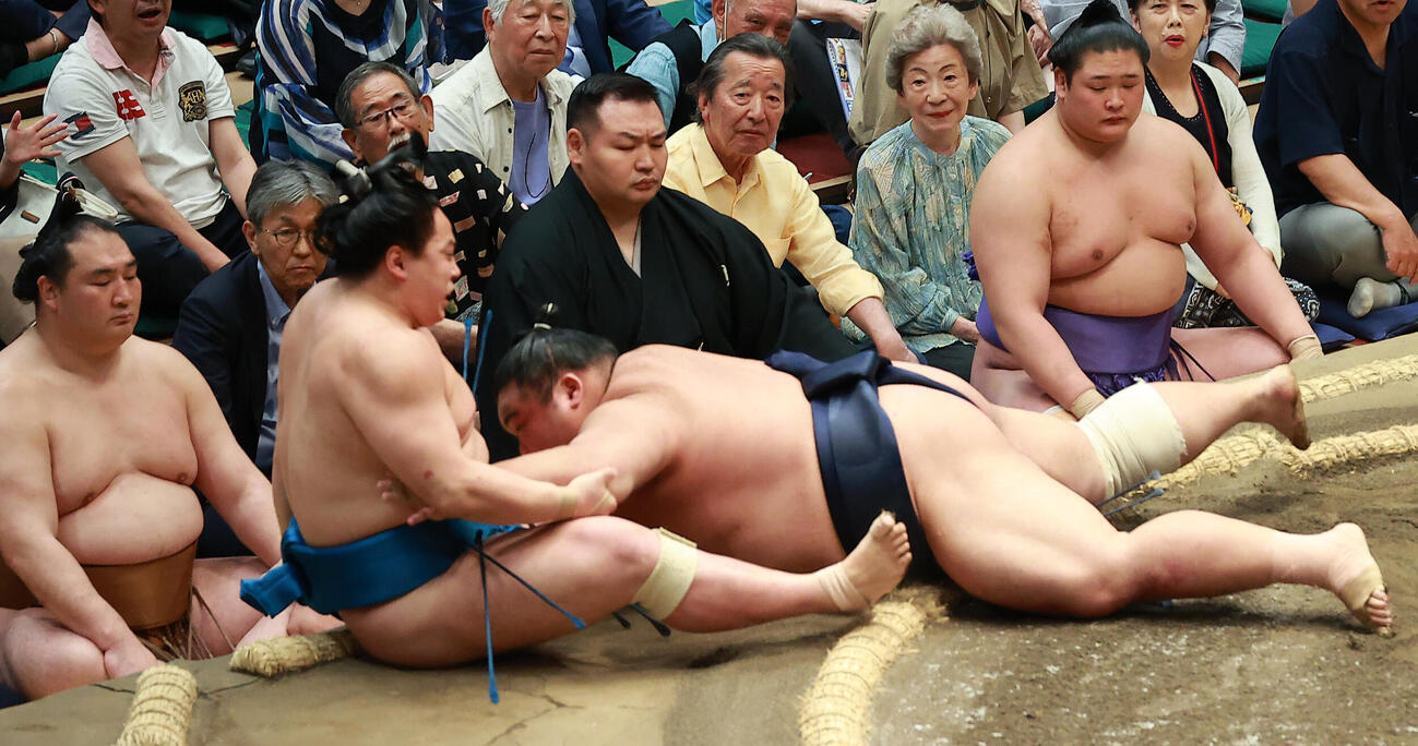 琴栄峰（左）を渡し込みで破る藤凌駕（撮影・中島郁夫）