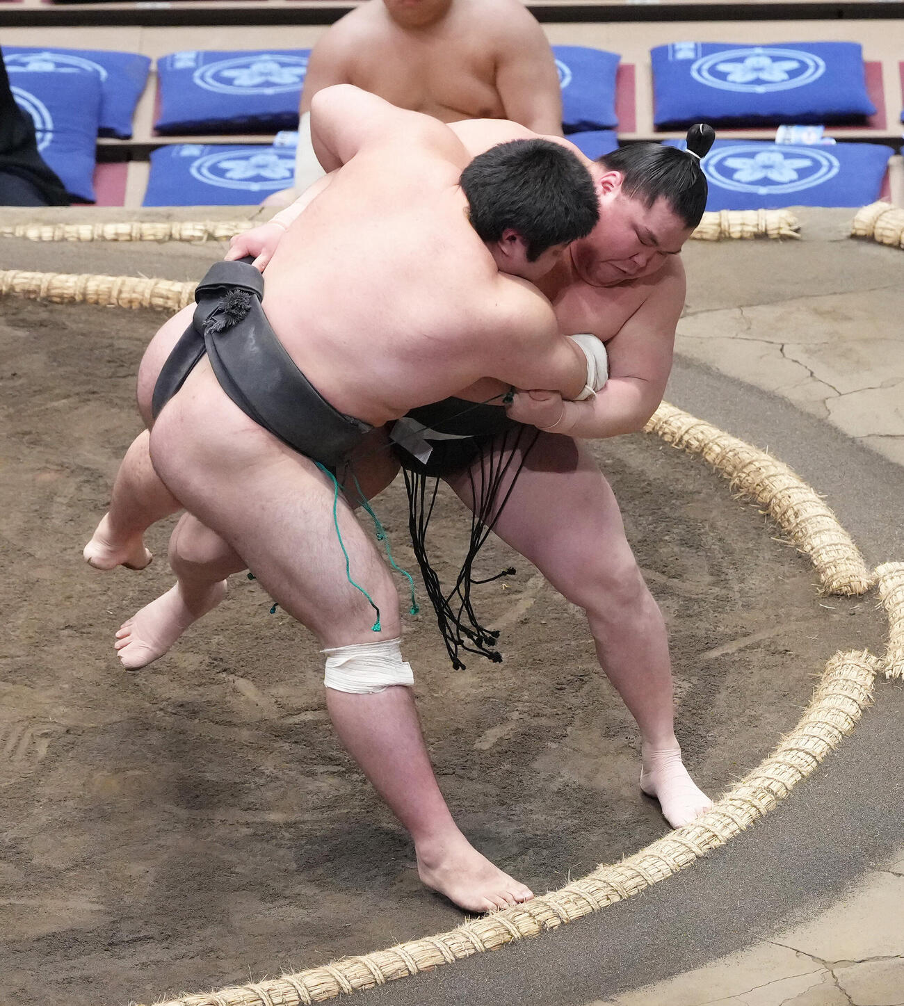 不動豊（左）を下手投げで破った旭富士　（撮影・足立雅史）