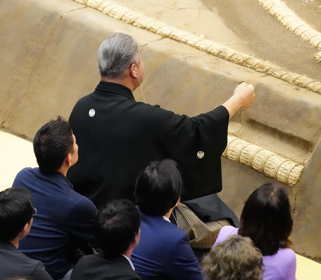 大相撲夏場所9日目　宇良と時疾風の取組で注意する審判の九重親方（撮影・江口和貴）