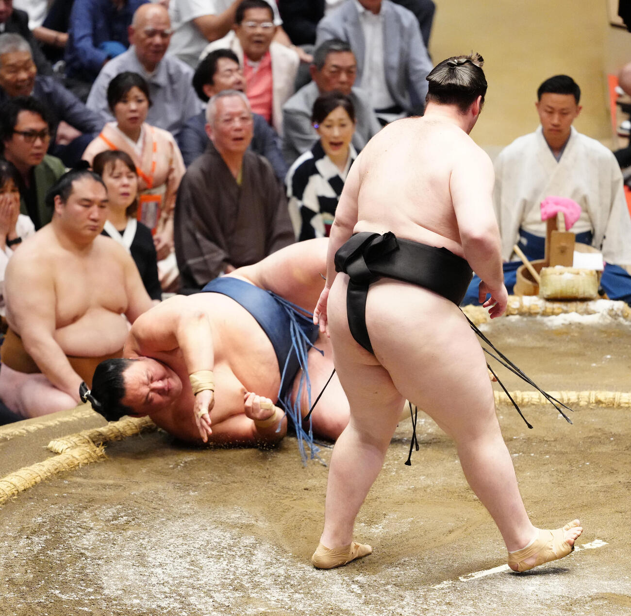 大相撲夏場所9日目　獅司（右）は玉鷲を突き落としで破る（撮影・江口和貴）