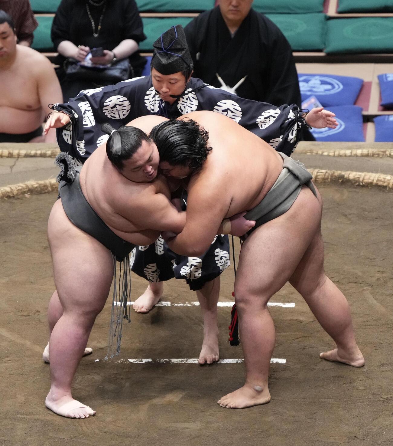 大相撲夏場所11日目　大斧（左）と竜鳳の一番で「まわし待った」をかけた行司の木村悟志はまわしのチェックを終え、両者に取組再開を伝える（撮影・小沢裕）　＝2026年5月20日