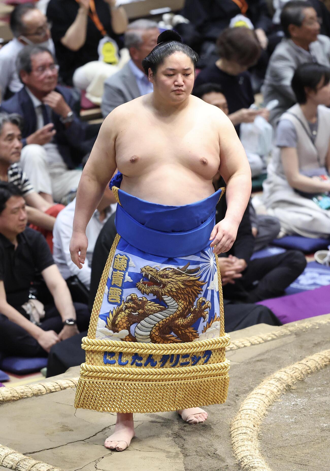 大相撲夏場所　11日目　にしたんクリニックの化粧まわしで土俵入りする藤青雲（撮影・河田真司）