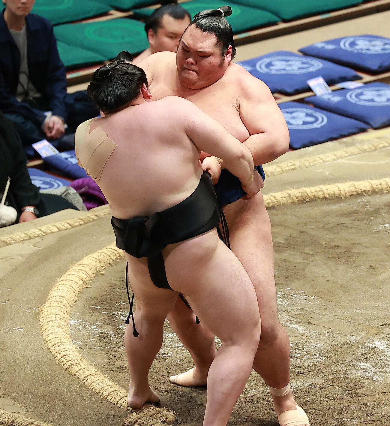 西ノ龍（左）を寄り切りで破る一意（撮影・中島郁夫）