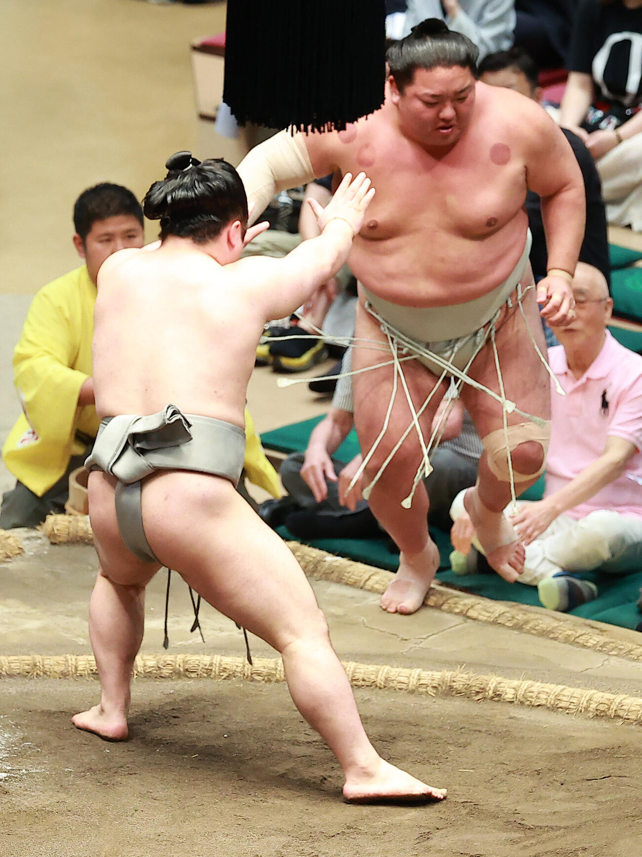 日翔志（右）を押し出しで破る朝翠龍（撮影・中島郁夫）