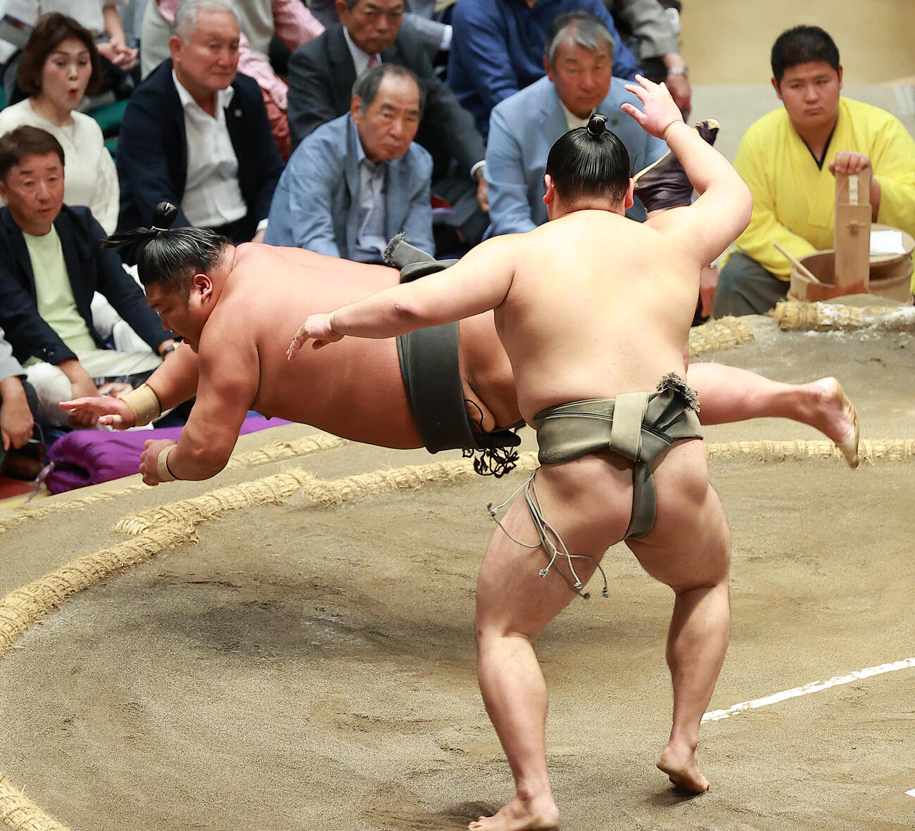 幕下優勝決定戦で天空海（左）をはたき込みで破る碇潟（撮影・中島郁夫）