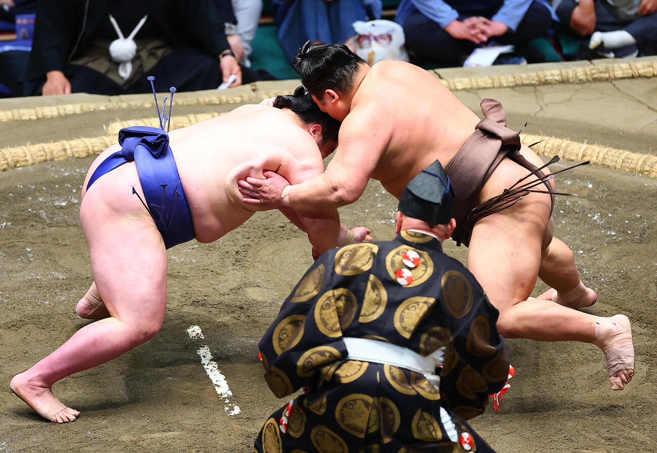 藤青雲（左）をはたき込みで破った伯乃富士（撮影・野上伸悟）