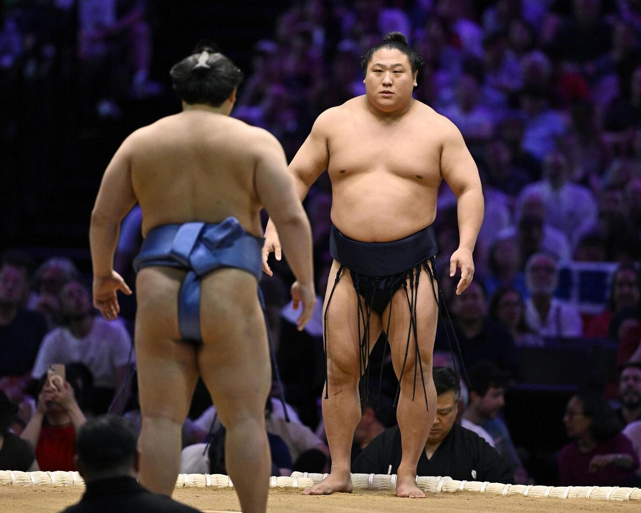 大相撲パリ公演の千秋楽で、取組に臨む若隆景＝パリ（共同）