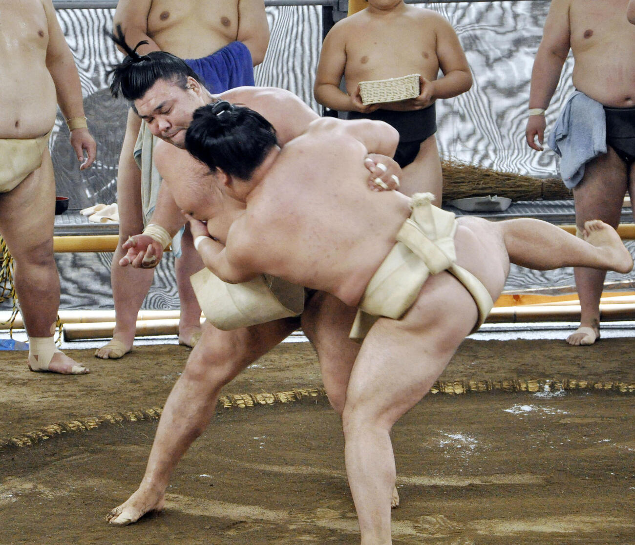 佐渡ケ嶽部屋に出稽古し、藤ノ川（手前）と相撲を取る霧島（共同）