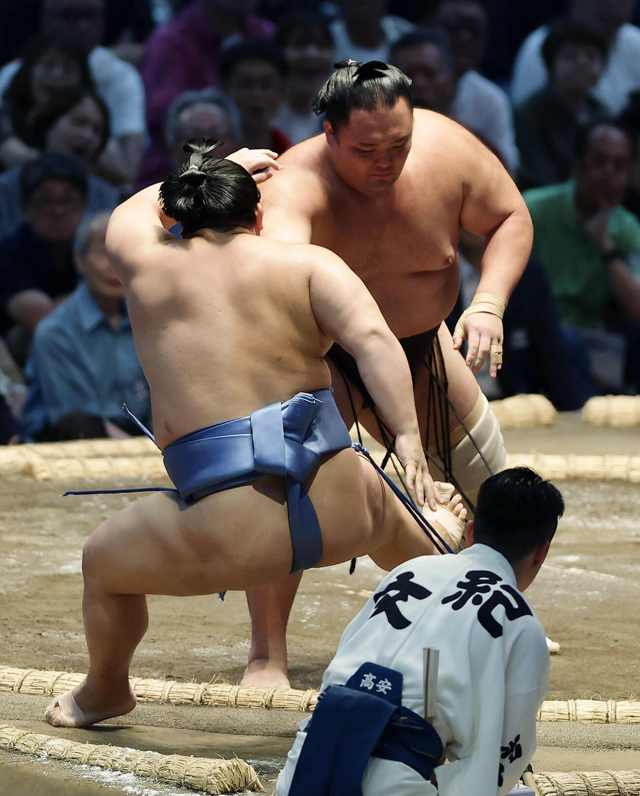 翔猿（左）を突き倒しで破る朝乃山（撮影・前田充）