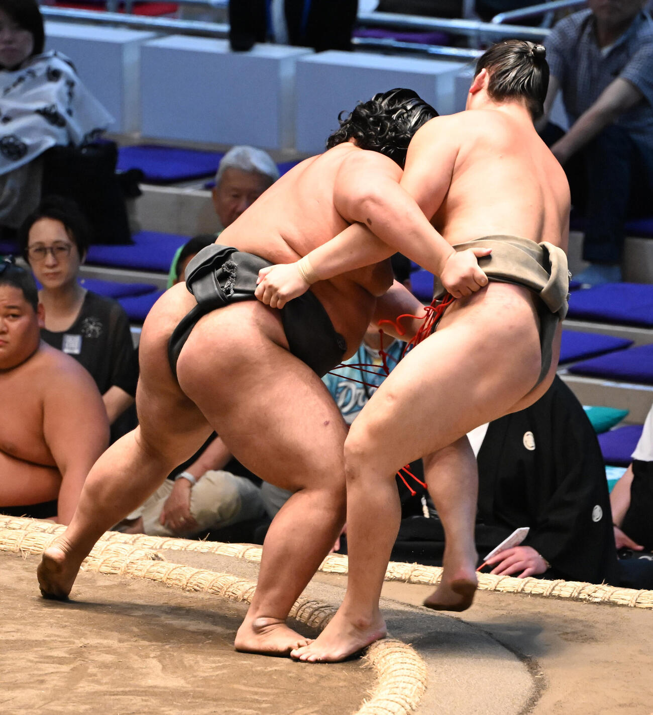 竜翔（右）を寄り切りで破る竜鳳（撮影・和賀正仁）