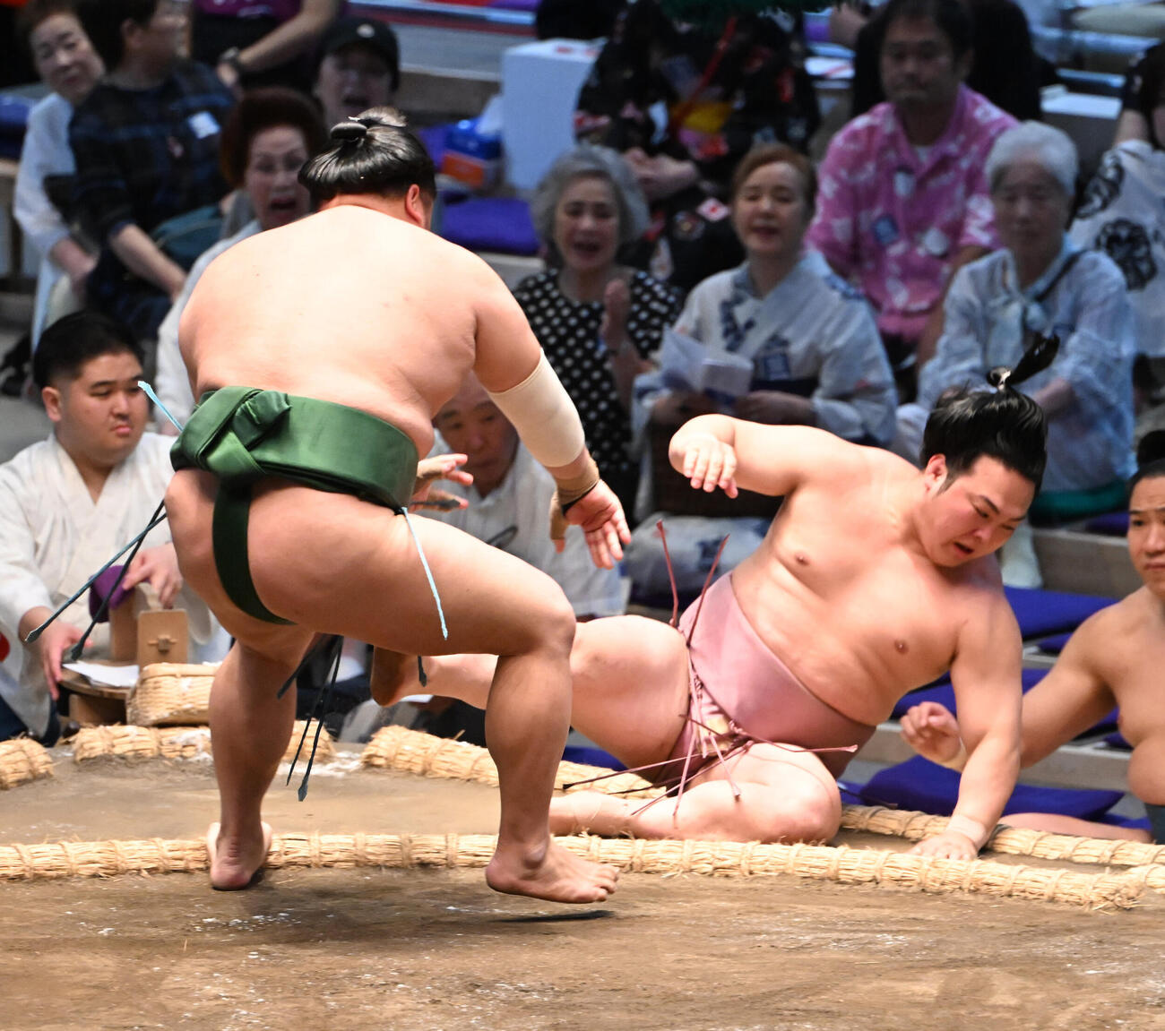東白龍（左）は押し倒しで炎鵬を破る（撮影・和賀正仁）