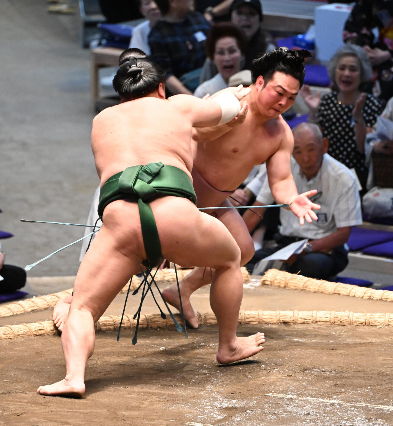 東白龍（左）は押し倒しで炎鵬を破る（撮影・和賀正仁）