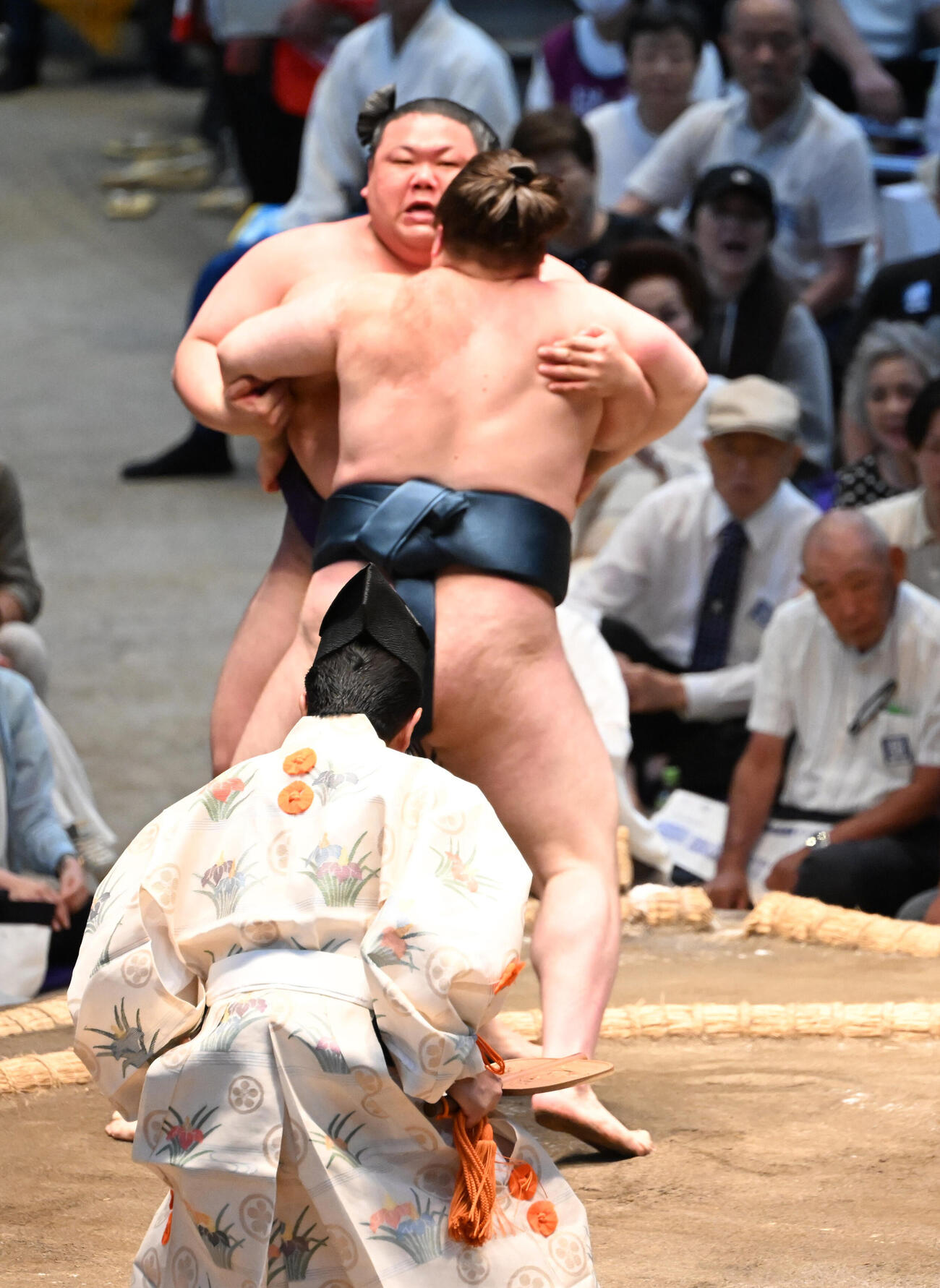 美ノ海（奥）を寄り切りで破る安青錦（撮影・和賀正仁）