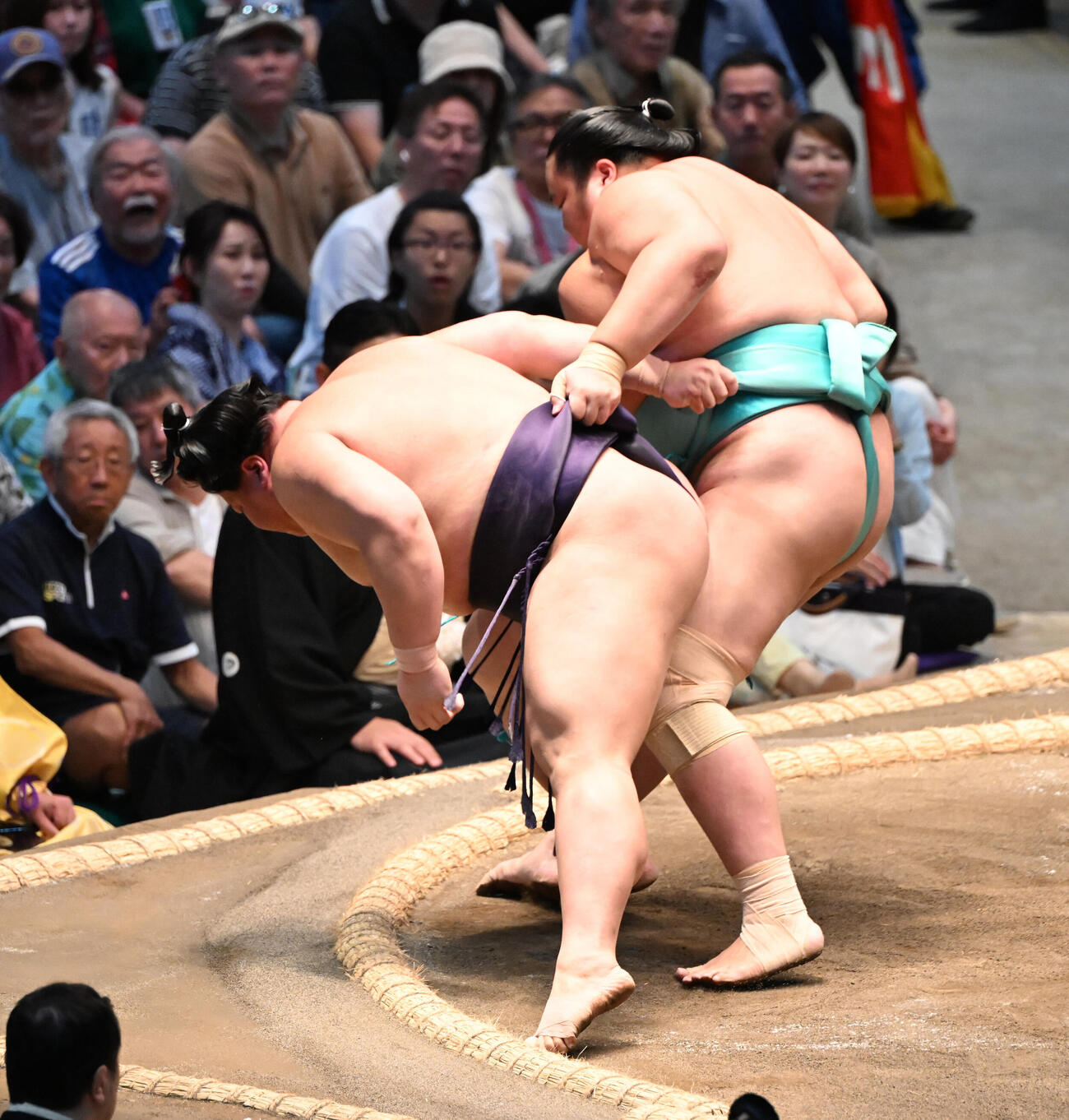 義ノ富士（左）を送り出しで破る琴桜（撮影・和賀正仁）