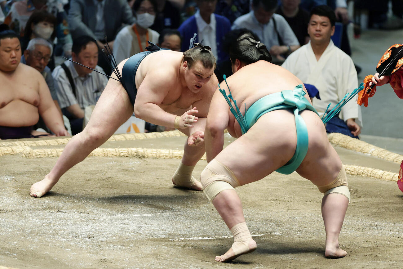 琴桜（右）を寄り切りで破った安青錦（撮影・前田充）