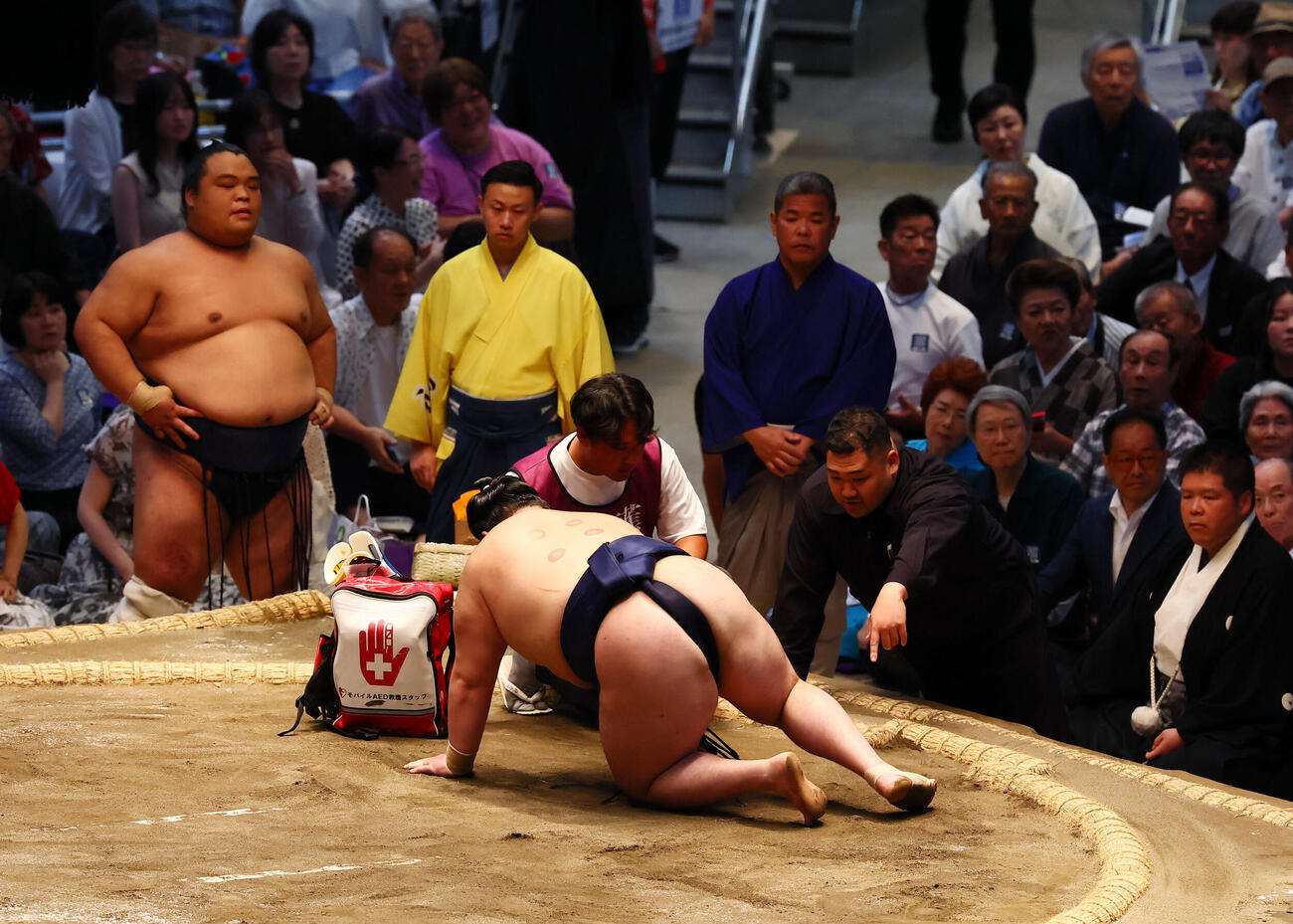 押し倒しで藤凌駕に敗れた若ノ勝はそのまま土俵上で動けず（撮影・加藤哉）