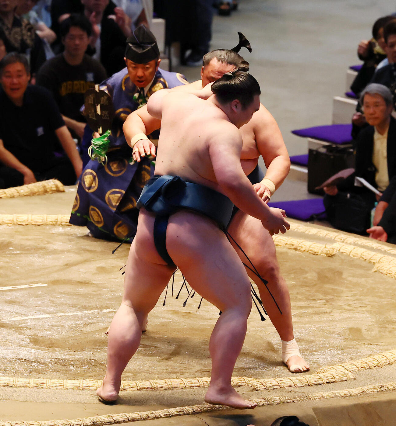 白熊（右）は押し出しで玉鷲に破れる（撮影・加藤哉）