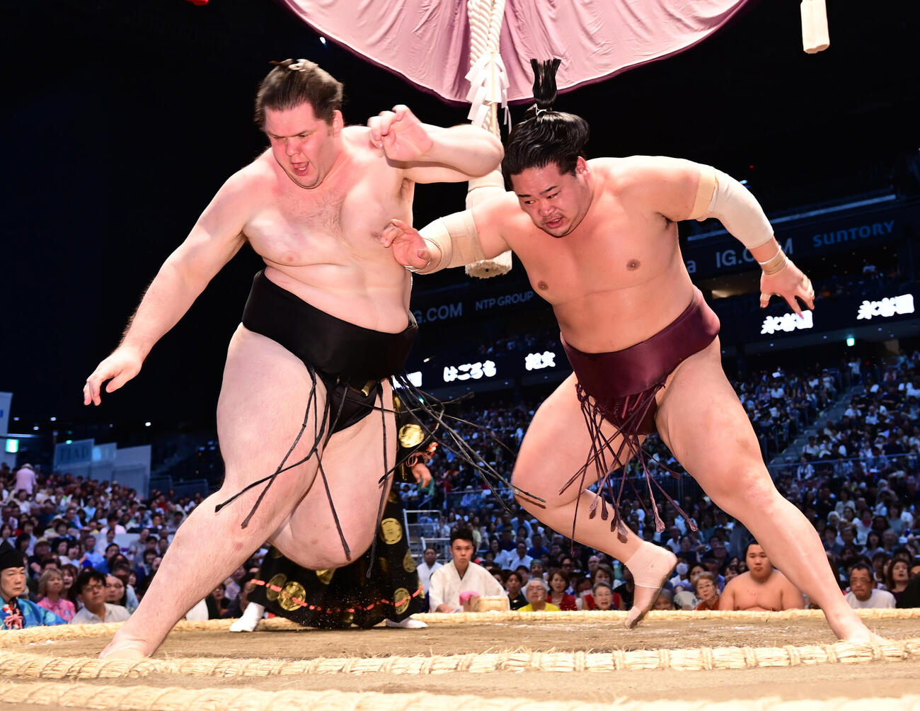 錦富士（右）は獅司を激しく攻める（撮影・森本幸一）