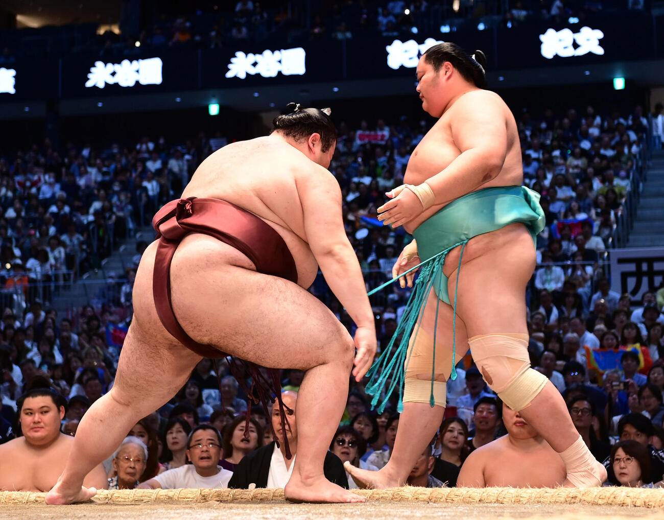 琴桜（右）は熱海富士に寄り切りで敗れる（撮影・森本幸一）
