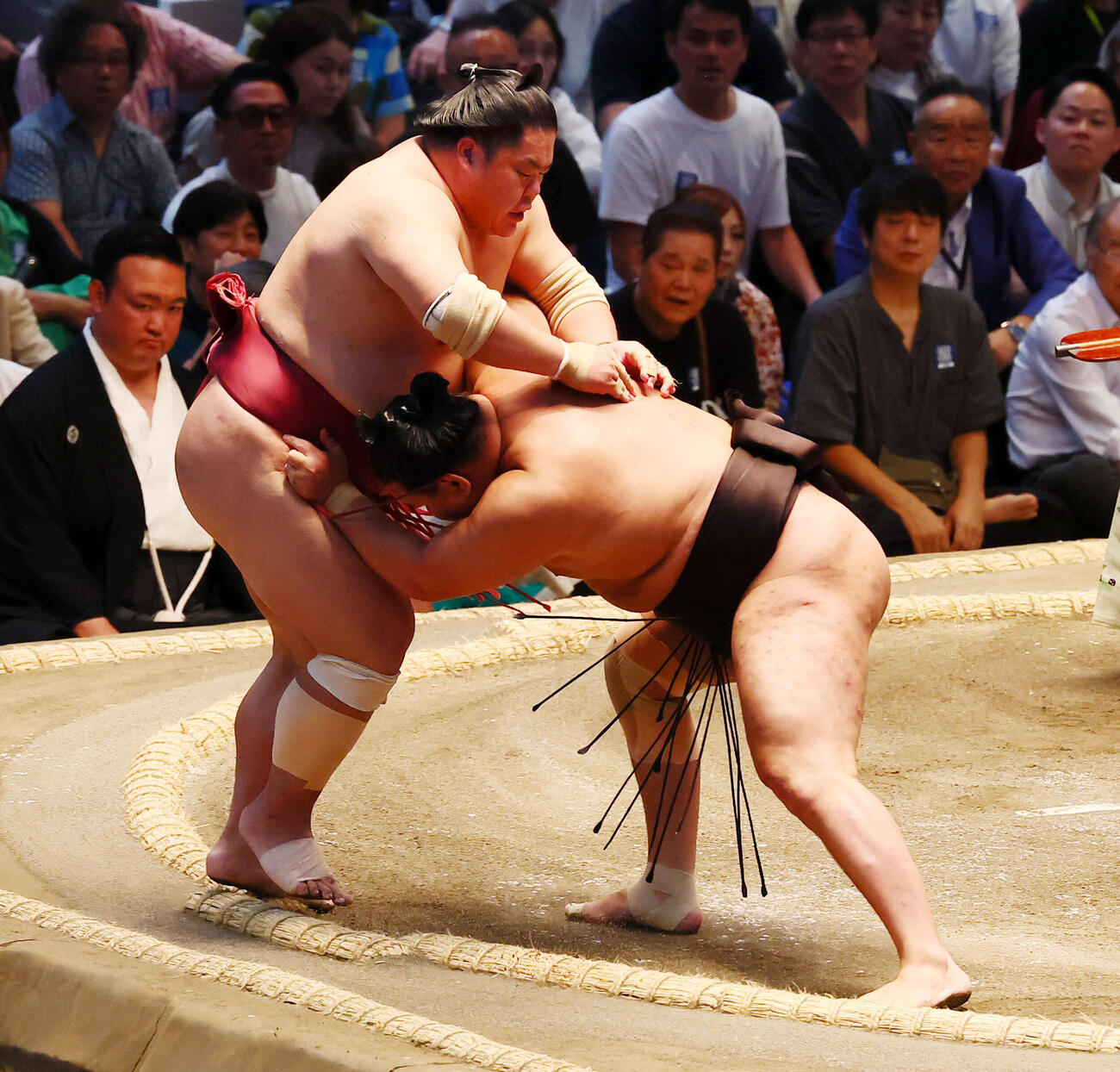 豊昇龍は押し出しで大栄翔を下す（撮影・加藤哉）