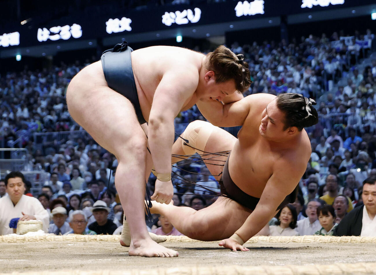 安青錦が上手投げで豊昇龍を破る＝IGアリーナ（共同）
