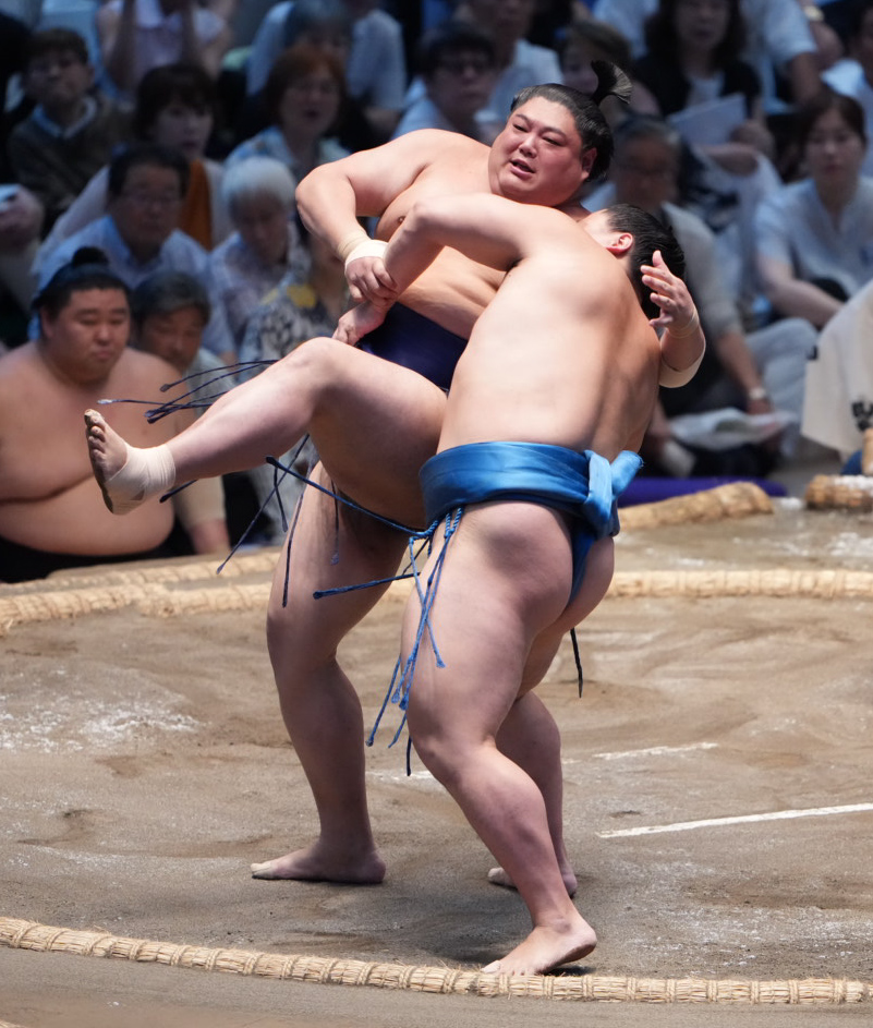 琴栄峰（右）は阿炎を切り返しで下す（撮影・小沢裕）