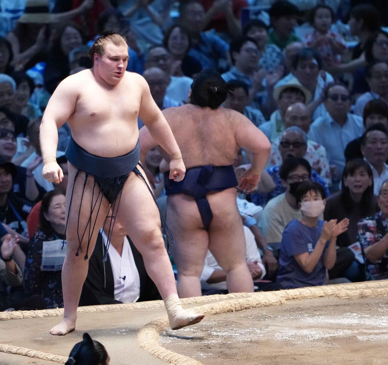豪ノ山を寄り切りで下した安青錦撮影・小沢裕）